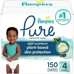 Pampers Pure Protection Baby Diapers, Size 4, 150 Count, Up to 100% Leakproof, Premium Plant-based Skin Protection, Hypoallergenic Soft Diapers