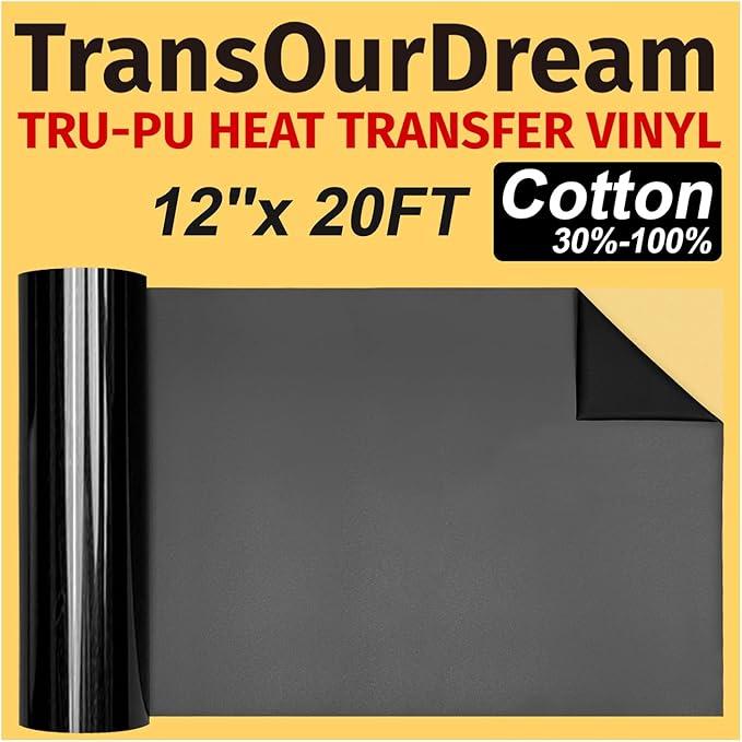TransOurDream Matte Black HTV Heat Transfer Vinyl Roll for All Cutter Machines - 12'' x 15ft PU Black Iron on Vinyl for T-Shirts - Thin and Easy to Weed