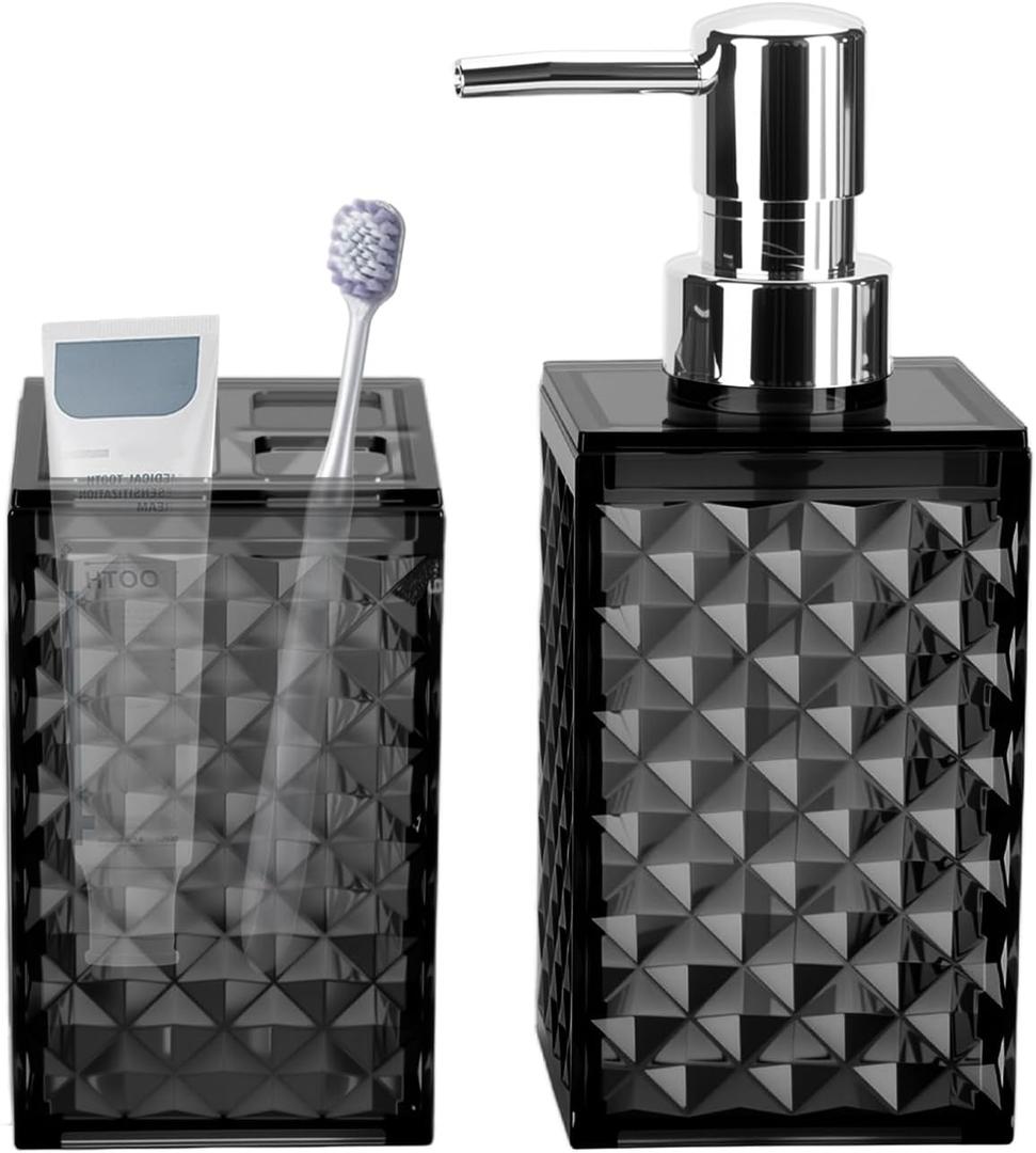 Bathroom Accessories Set 2 PCS, Black Bathroom Accessories Include Soap Dispenser and Toothbrush Holder, Diamond Pattern Bathroom Set for Boho Bathroom Decor