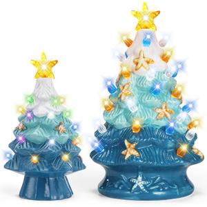 2 Pcs Christmas Tree with LED Lights Sea Star Christmas Tree Table Centerpiece Blue Ocean Xmas Tabletop Decorations (9.65"/6.81")