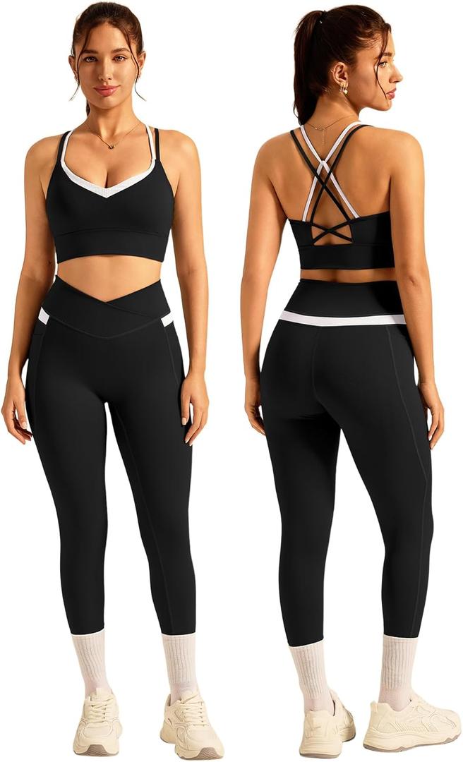 Womens Workout Sets Two Piece V-Neck Sports Bra High Waisted Legging Trousers Gym Yoga Athletic Outfits Small