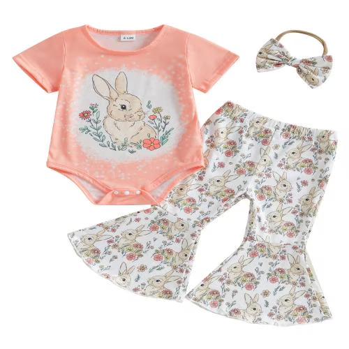 Baby Girls Easter Outfits Bunny Pattern Rompers With Bell Bottom Pants With Bow Headband (Orange, 6-12 Months)