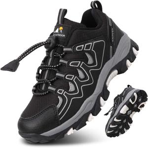 Eggseed Boys Kids Hiking Trail Shoes Waterproof Slip Resistant Outdoor Trekking Walking Running Sneakers, Black Silver, 4.5 US Big Kid