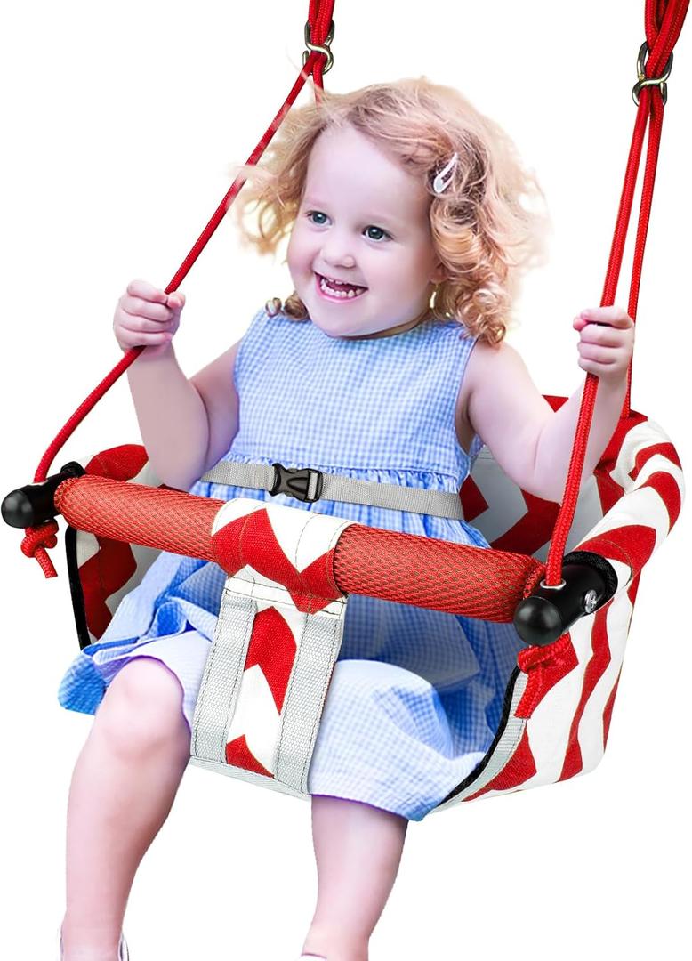 Toddler Swing  Comfy Baby Swing, Outdoor Indoor, Kids Swing Seat, Safety Harness, Secure, Safe Quick Click Locking System, Blister-Free Rope, Easy Installation (Red)