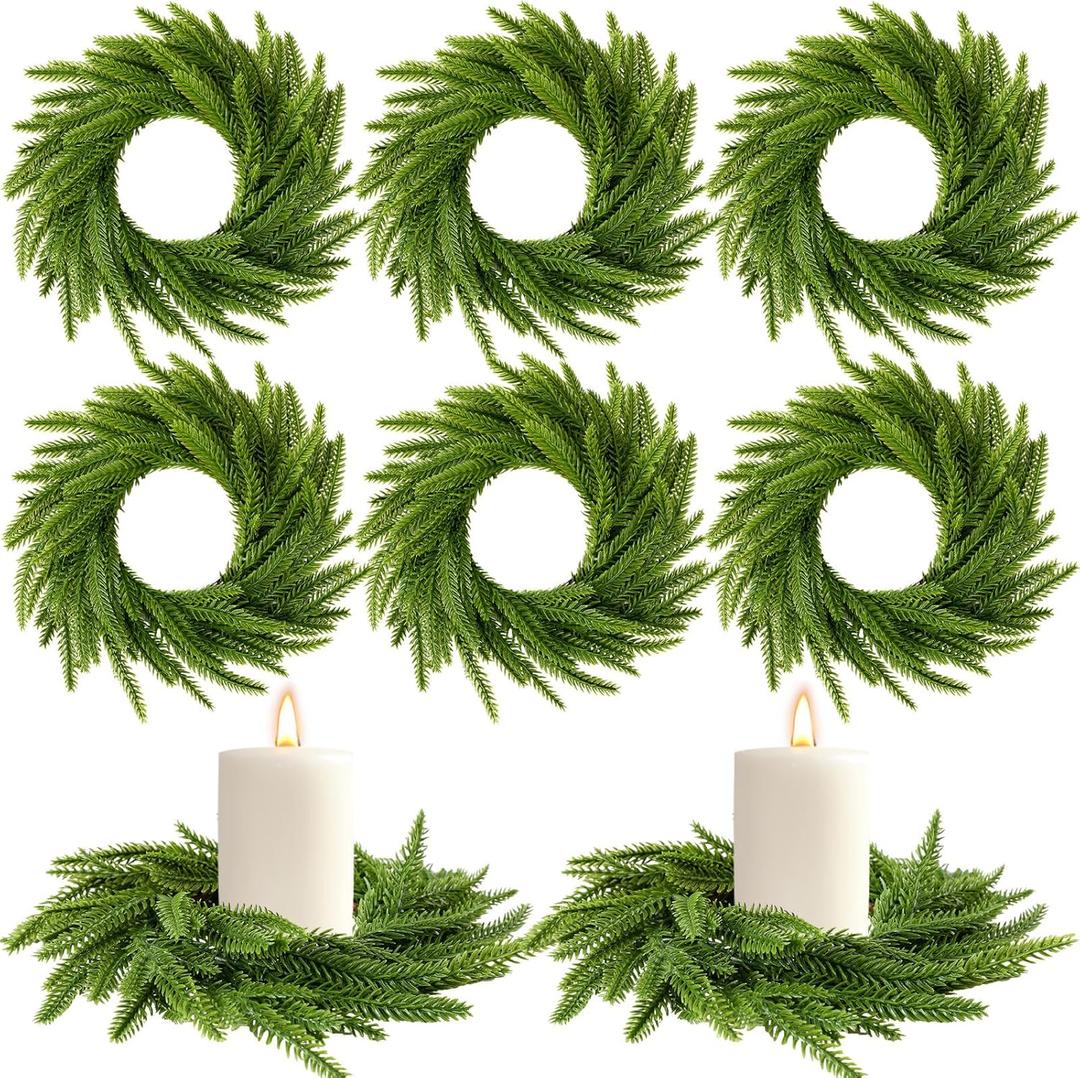 Dingion 8 Pcs Christmas Norfolk Pine Candle Ring Wreaths 6 Inch Small Christmas Wreath Garland Artificial Green Pine Ornaments Xmas Table Centerpiece for Wedding Farmhouse Home Cabinets Window Decor