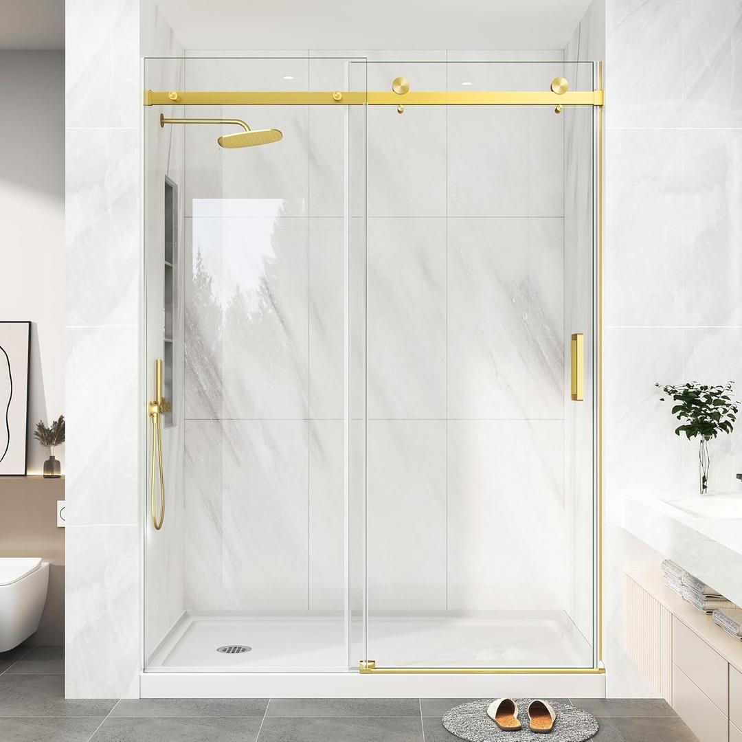 KPUY Frameless Shower Door, 55-60" W x 76" H Sliding Glass Shower Door, 1/4" (6mm) Thick Tempered Clear Glass with Explosion-Proof Film Nano Coating, Brushed Gold