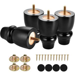 Maricome 4 inch Wood Furniture Legs Bun Feet Set of 4 Predrilled M8 Bolt Black Wooden Replacement Legs for Chair Dresser