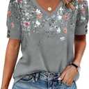Womens Blouses Dressy Casual Short Sleeve Shirts Medium, Z-floral Grey