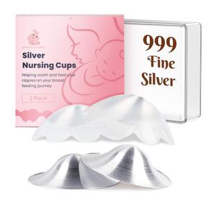 Original 999 Pure Silver Nursing Cups with Silicone Pads, Nipple Shields for Nursing Newborn Essentials, Silver Nipple Covers for Breastfeeding, Silver Nipple Guards for Soothing and Healing (Large)