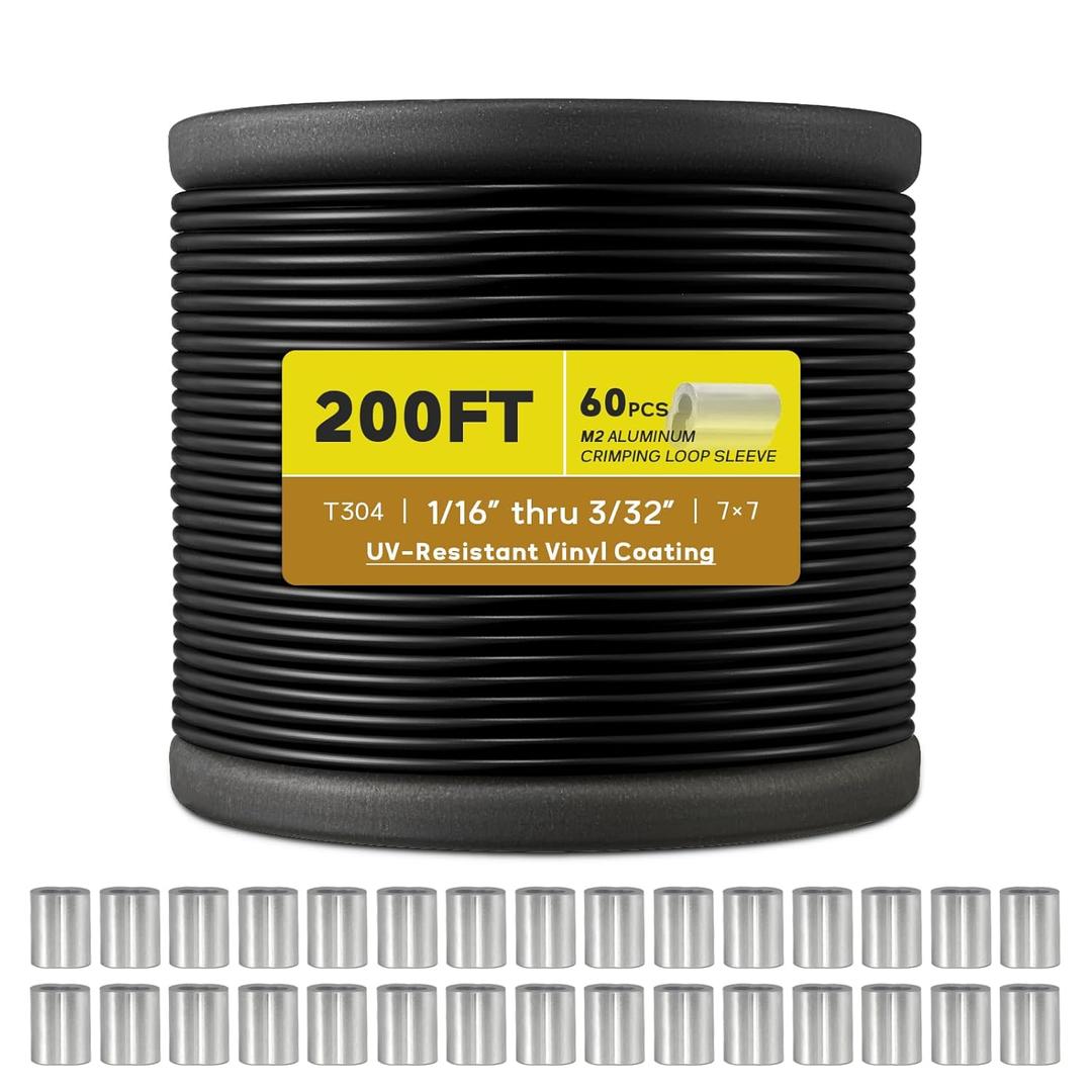 Vinyl Coated Wire Rope 1/16 Inch Overmolded to 3/32 Inch, 200FT 304 Stainless Steel Cable with 60 Pcs Crimping Sleeves for String Light Hanging Kit, Clotheslines and Trellis Wire