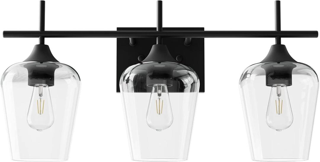 VONLUCE Bathroom Vanity Light, 3 Light Bathroom Light Fixture Over Mirror, Bathroom Wall Lamp with Clear Glass, Modern Black Vanity Lighting fixtures for Bathroom, Bedroom, Hallway