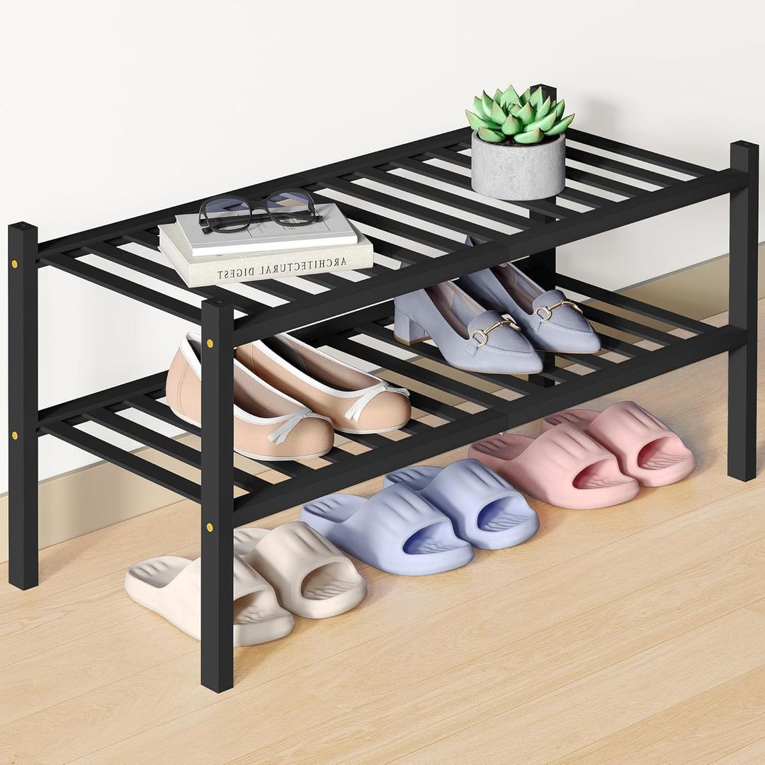 Smiry Bamboo Shoe Rack for Closet, 2 Tier Wooden Stackable Shoe Organizer, Free Standing Shoes Storage Shelf for Entryway, Front Door Entrance, Black