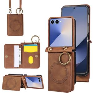Asuwish Compatible with Samsung Galaxy Z Flip 7 5G Wallet Case and Crossbody Shoulder Strap Ring Buckle Stand Card Holder Magnetic Car Mount Phone Cover for ZFlip 7Z Z7 G Flip7 ZFlip7 Women Men Brown