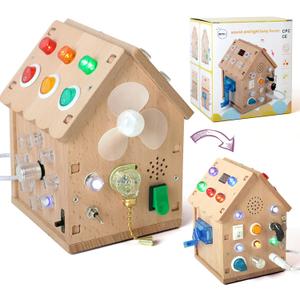 Sound and Light Busy House Wooden Montessori Busy Board, Light Switch Games Toddler Sensory Toys Montessori Toys for 3+ Year Old Gifts for Boys and Girls
