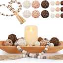 Teenyyou 17 Pcs Wooden Centerpiece Table Decorations Wood Dough Bowl Wicker Rattan Balls Beads String with Tassel Natural Decorative Tray Rustic Bowl Filler for Dining Room Kitchen (Light Brown)