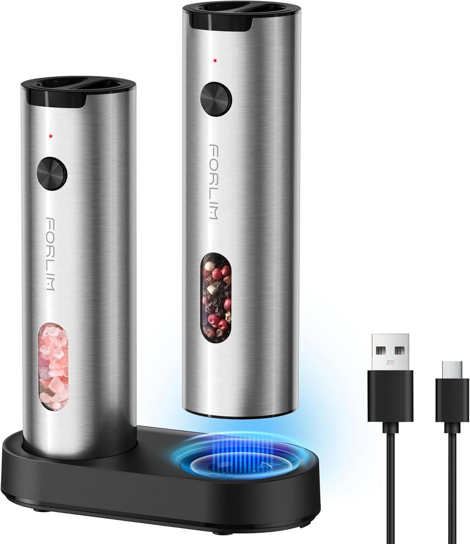 FORLIM Electric Salt and Pepper Grinder Set Rechargeable, Auto Salt and Pepper Grinder set with Charging Base, Adjustable Coarseness, LED Light, Automatic Salt Grinder Refillable,Pepper Shakers Set (Slim, Bright Silver)