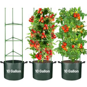 45in Tomato Cages with 10 Gallon Grow Bags - Easy Assembly Tomato Plant Support Trellis with Sturdy Planter Pots for Vertical Climbing Plants Flowers Vegetables, 3 Pack