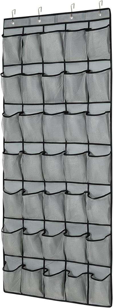 35-Pocket Over The Door Shoe Organizer - Mesh Pockets Shoe Holder Rack With 4 Metal Hooks (grey1)