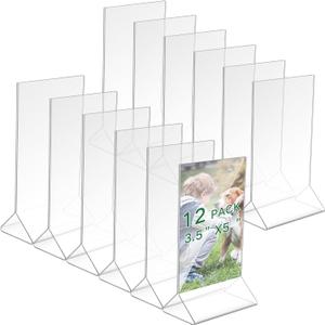 Thyle 12 Pack Acrylic Sign Holder Clear Picture Photo Frame, Double Sided T Shape Menu Table Stands Plastic Paper Flyer Display Stand with Base Photo Holders for Wedding Office Restaurant (3.5x5 Inch)