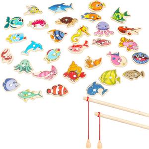 ONEST 34 Pieces Magnetic Fishing Game for Kids Wooden Magnet Fishing Game Wooden Magnetic Toys for Kindergarten Preschool Girl Boy (Classic Marine Fish)