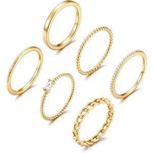 FIBO STEEL 6PCS Stackable Rings for Women Non Tarnish Waterproof Gold Plated Silver Color Square Cubic Zirconia Ring Set Dainty Stacking Rings Trendy Thin Thumb Band Statement Ring Stack Size 5-11