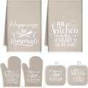 Sratte 6 Pcs Kitchen Decor Accessories Set Farmhouse Towels Pot Holders Oven Mitts Set 2 Dish Towels 2 Potholders 2 Cooking Mittens Oven Glove for Christmas Baking Cooking Supply(Beige,Kitchen)