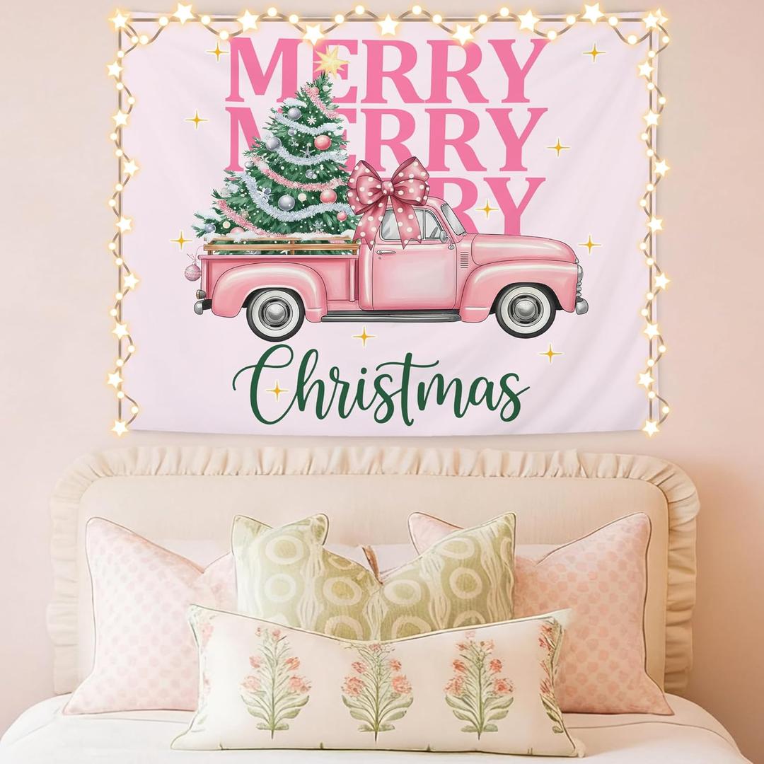 WHCHJ Pink Christmas Tapestry, Coquette Preppy Pink Bow Christmas Tree Truck Wall Hanging, Girly Xmas Holiday Tapestries Wall Blanket Decor for Party Home Bedroom Living Room Dorm, 50x60 Inch
