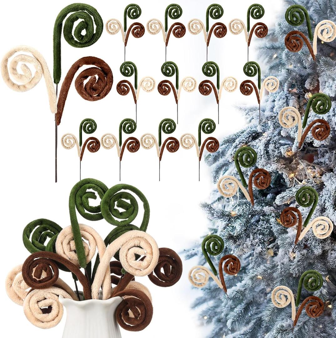 12 Pcs Curly Christmas Tree Picks Velvet Curl Decoration Spiral Curly Tree Topper Ornaments DIY Crafts for Wreath Fireplaces Vase Filler Holiday Ornament, 12 Inch (Milky White, Green, Brown)