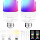 E26 Rechargeable Light Bulbs with Remote, Battery Operated Backup Bulb with Remote and Timer for Sconces Lamps Detachable Wireless Emergency, 3 Color Temperatures + 9 RGB Colors, Non-Hardwired, 2 Pack
