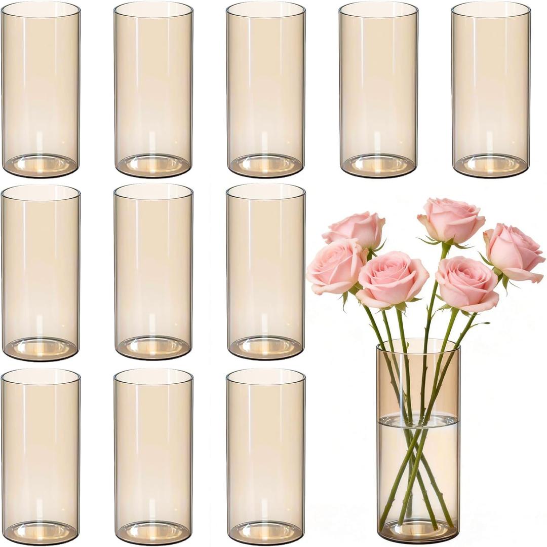 12pcs Amber Glass Cylinder Vases for Centerpieces, Gold 6 Inch Clear Flower Vases for Wedding Decorations and Indoor Home Decor, Hurricane Candle Holder for Table Shelf, Party