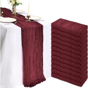 12 Pack 10FT Burgundy Cheesecloth Table Runner 120 Inch Long Gauze Rustic Boho Spring Cheese Cloth Table Runner Sheer Fabric Decorations for Holiday Party Wedding Banquet Bridal Baby Shower Dcor