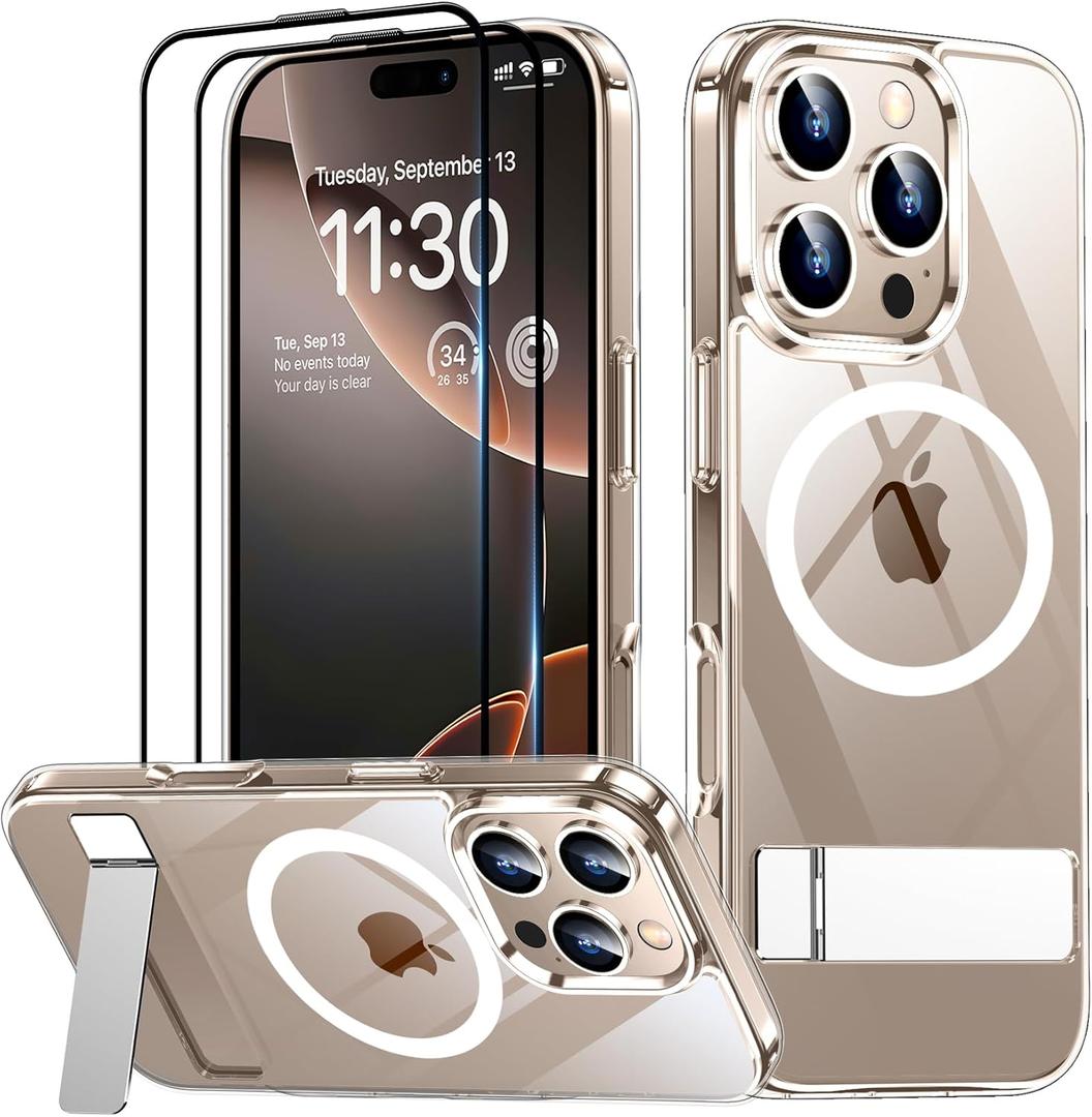 SPIDERCASE Magnetic for iPhone 16 Pro Max Case, with 2Pcs [Tempered Glass Screen Protector] [ Military Grade Drop Protection] Invisible Kickstand Slim Case for iPhone 16 Pro Max 6.9", Clear