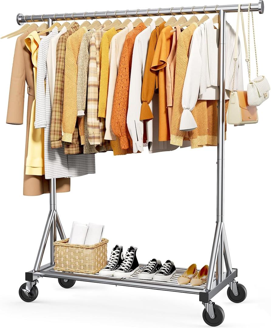 Sakugi Heavy Duty Stainless Steel Rolling Clothes Rack with Mesh Shelf, Lockable Wheels & Anti-Slip Stoppers, Large Capacity Clothing Organizer for Bedroom, Laundry Room, 42.5" x 16.5" x 65.9", Silver