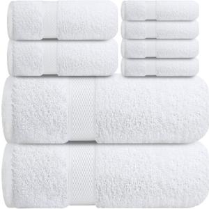 Infinitee Xclusives Luxury 100% Cotton Towel Set  8 Piece Bathroom Towel Set (2 Bath Towels, 2 Hand Towels, 4 Washcloths)  Soft & Absorbent Towels for Bathroom (Brilliant White)