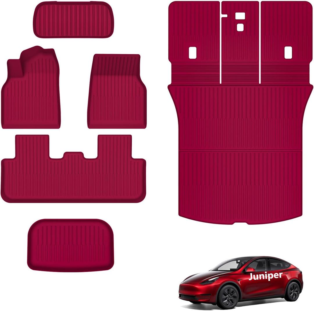 AUXKO All Weather Floor Mats for 2025 2026 New Tesla Model Y Juniper Cargo Mat with Backrest Mat & Front Trunk Liner & Rear Cargo Mat Car Full Set Accessories Guard Odorless Anti-Slip TPE Mats Red