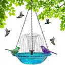 Solar Cascade Hanging Bird Bath Fountain, Outdoor Solar Powered Bird Bath with Large Glass Bowl, Weatherproof Hummingbird Bath Fountain for Garden Patio Balcony Yard Decor (Blue)