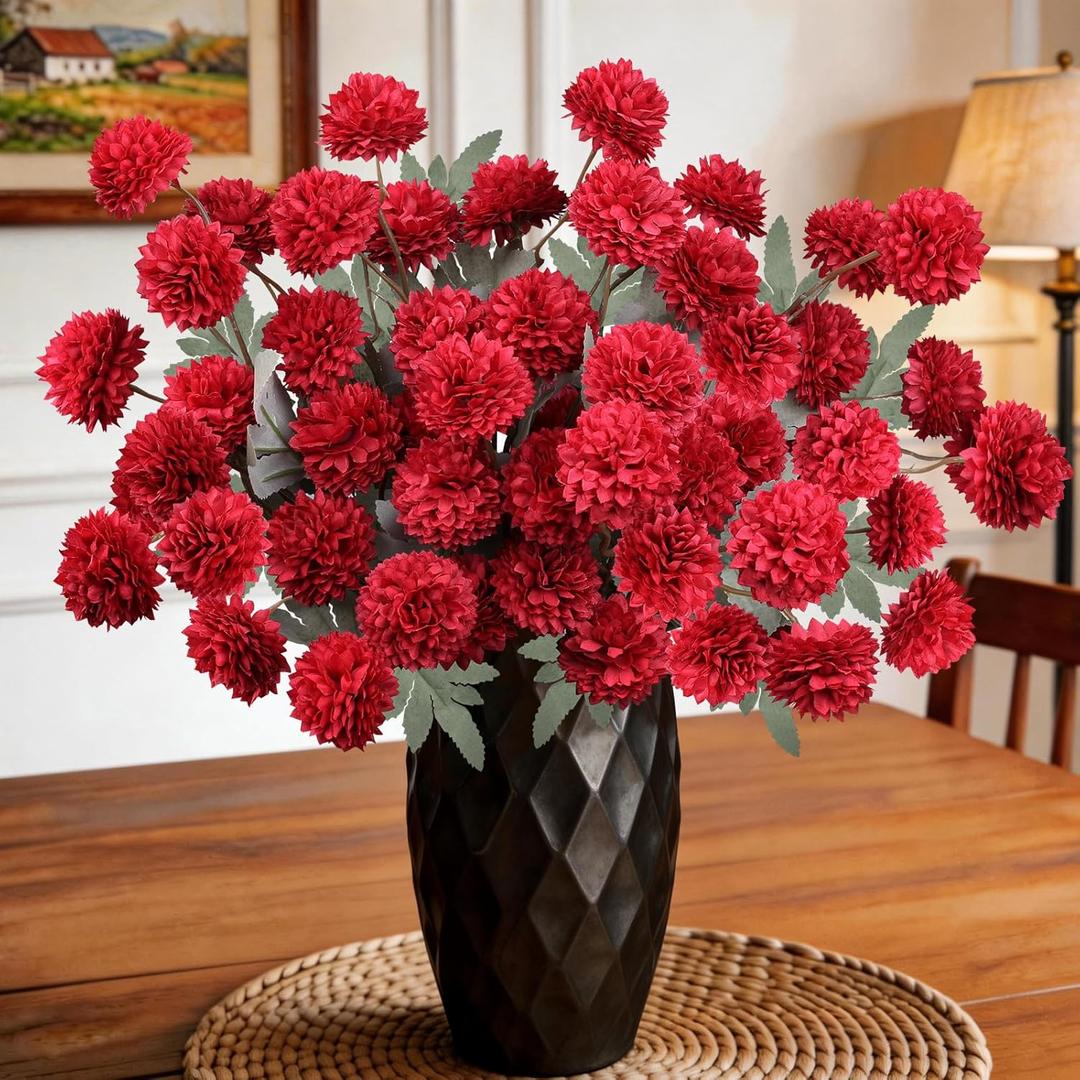 INQCMY Artificial Flowers 12pcs Ball Chrysanthemums for Weddings Silk with Stemsdiy Champagne Bouquets Indoor and Outdoor Decoration Kitchen Table Decor (Red)