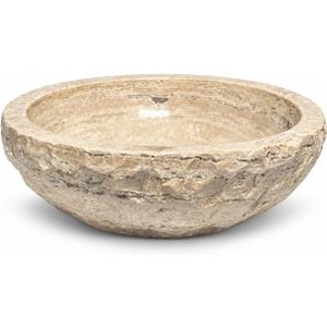 Round Bowl Travertine Vessel Sink, Natural Stone Wash Basin, Hand-Carved Bathroom Sink, Chiseled Exterior, Polished Interior, Above Counter Vanity (Soap Tray Included)