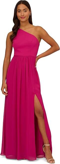 Adrianna Papell Women's One Shoulder Chiffon Gown | Long Evening Gown with Pleated Skirt, Fitted Bodice & Side Leg Slit, Bright Magenta 16