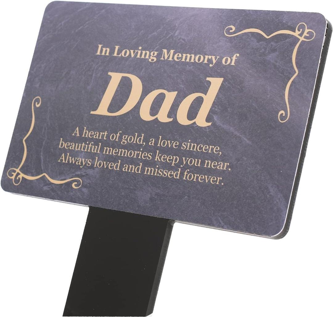 Dad Memorial Plaque - printed 'In Loving Memory Dad' remembrance poem, gold aluminium plaque, mounted onto a sturdy 5mm acrylic stake, grave marker