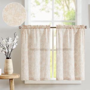 jinchan Floral Kitchen Curtains for Windows 45 Inch Linen Tier Farmhouse Cafe Curtains Country Botanic Small Window Rod Pocket Rustic Flax for Laundry Bathroom RV 2 Panels Taupe on Beige