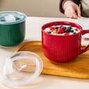 2 x Ceramic Soup Bowl with Handle 32oz Microwave Ramen Bowl with Lid, Soup Mugs & Cups for Cereal, Oatmeal, Ramen, Instant Noodle, Soup Container with Lid - Set of 2 (Red)