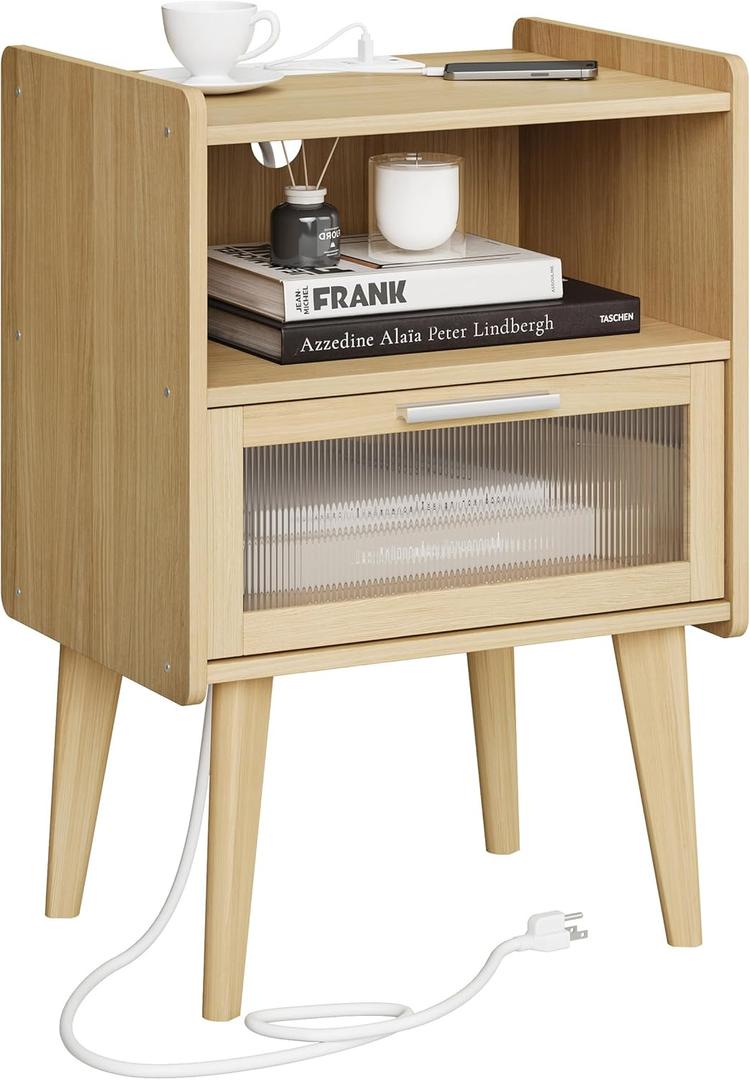 Nightstand with Charging Station, Bedside Tables with Glass Decorative Door, Natural End Table, Side Table with 2 Tiers Storage Space for Bedroom Living Room CAMLBZ07YE