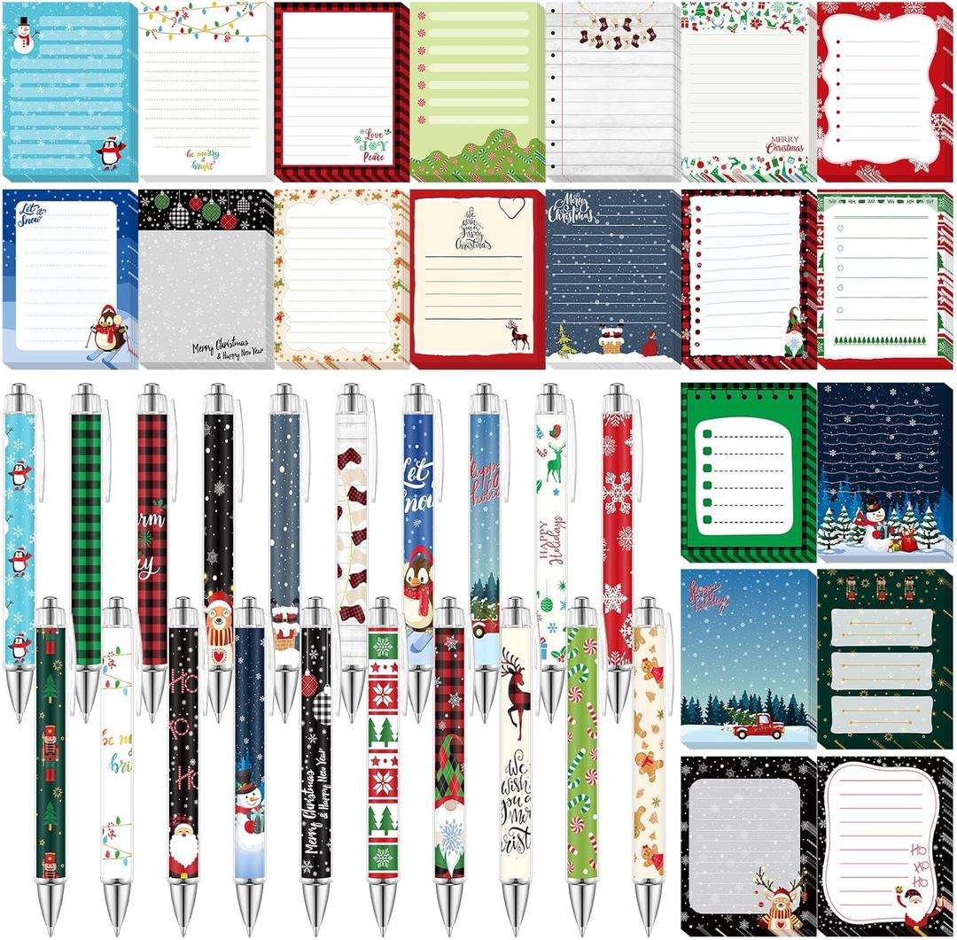 Maitys 20 Pack 600 Sheets Winter Snowflake Sticky Notes with Pens Santa Snowman Snowflake Self Adhesive Notepad 1.00 mm Black Ink Ballpoint Pen Winter Memo Pads for Birthday Party Favor Daily Writing
