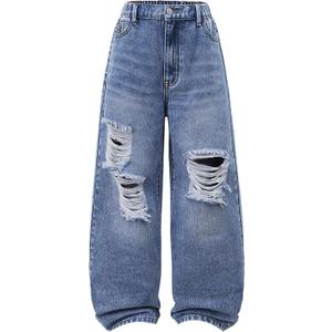 Girl's Y2k Ripped Baggy Jeans Distressed Elastic Waist Straight Leg Denim Pants with Pockets (Blue), 12 Y