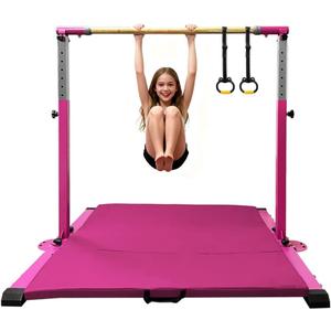 Gymnastic Kip Bar,Kids Girls Junior Ages 3-15,3' to 5' Adjustable Height,Home Gym Equipment,Home Training,1-4 Levels,260lbs Weight Capacity, DARK PINK