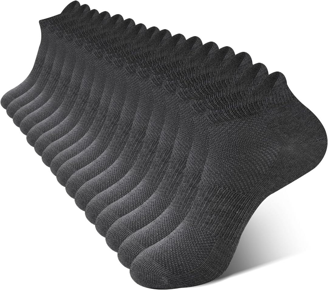 BAMBOO COOL Men's Ankle Socks Athletic Low Cut Heel Tab Cushioned Moisture Wicking, Running Arch Support Breathable, 8 Pack (Gray, L)