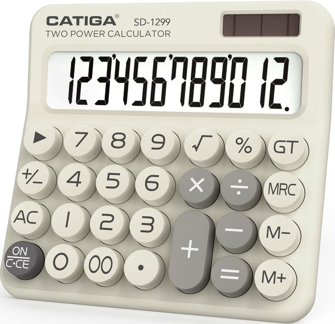 CATIGA Mechanical Switch Calculator with Solar and Battery Dual Power, 12-Digit Large LCD Display, Aesthetic and Cute Desktop Calculator with Big Button, for Home, School and Office Use, SD-1299 (Z) Beige)