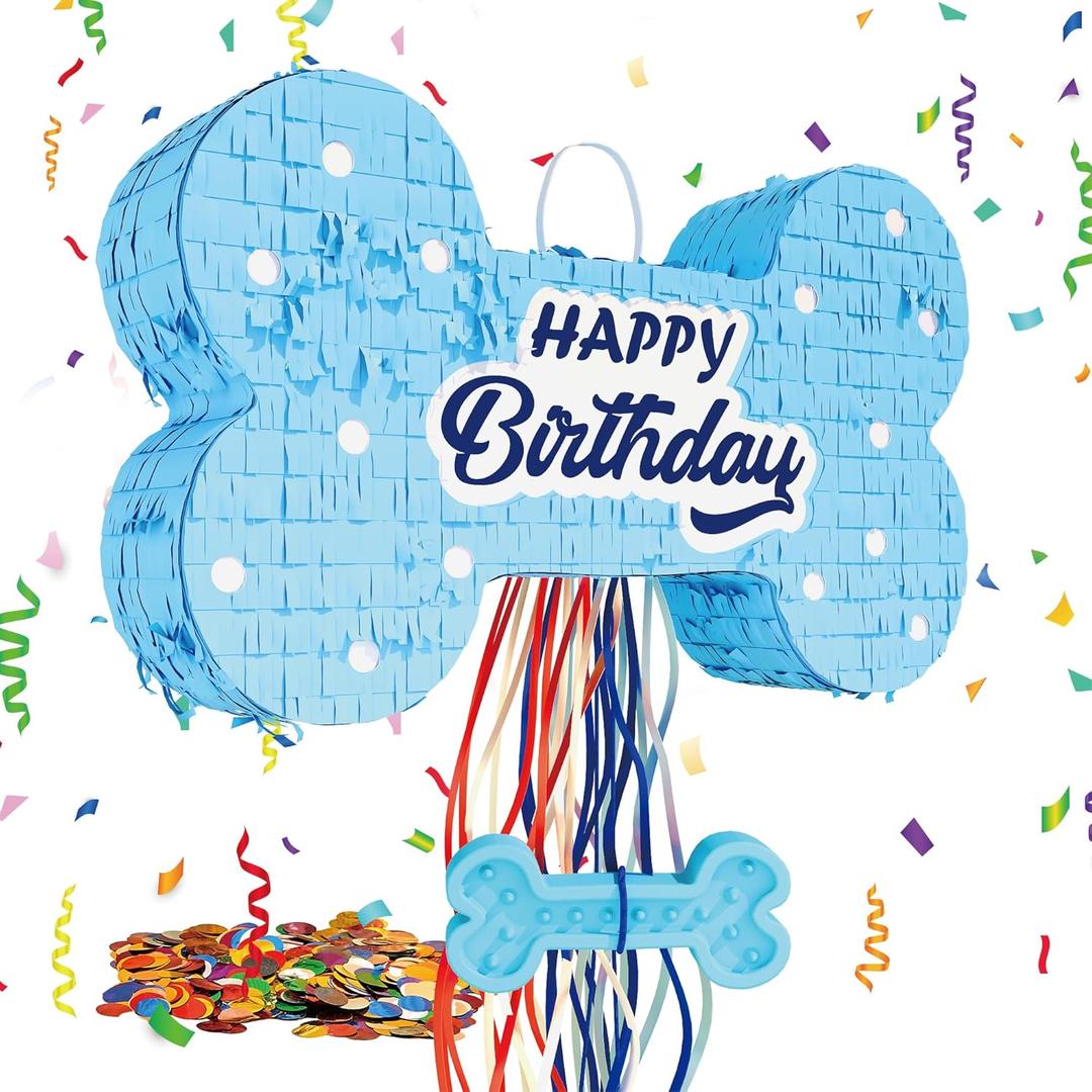 Dog Bone Pinata for Puppy Birthday Party Decorations, Pull String Pinata for Dog Themed Party Supplies, Blue Bones (16 x 10 x 3 inches)