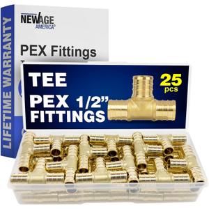 New Age America 25pcs 1/2" Tee PEX Fittings AquaFlow 360 | 25 PC | Brass | Barb PEX Fittings for Pipe | Lead-Free Brass | NSF, UPC, CUPC, ASTM F1807 Certified